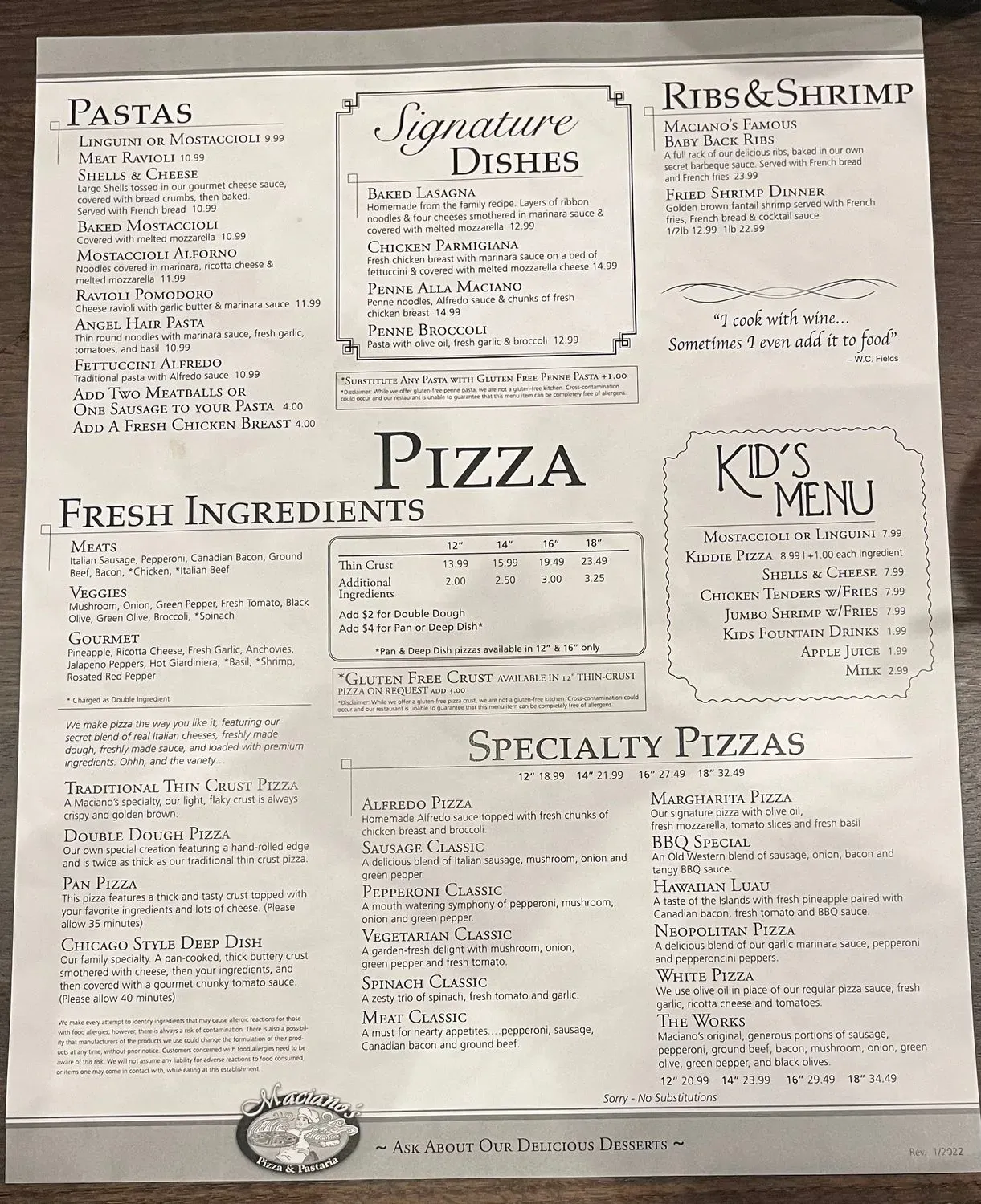Maciano's Pizza & Pastaria Menu - Updated October 2025
