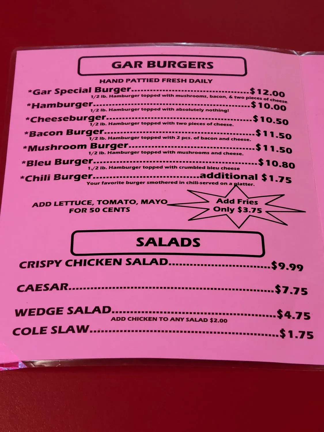 Gar's Lounge Menu - Updated October 2025