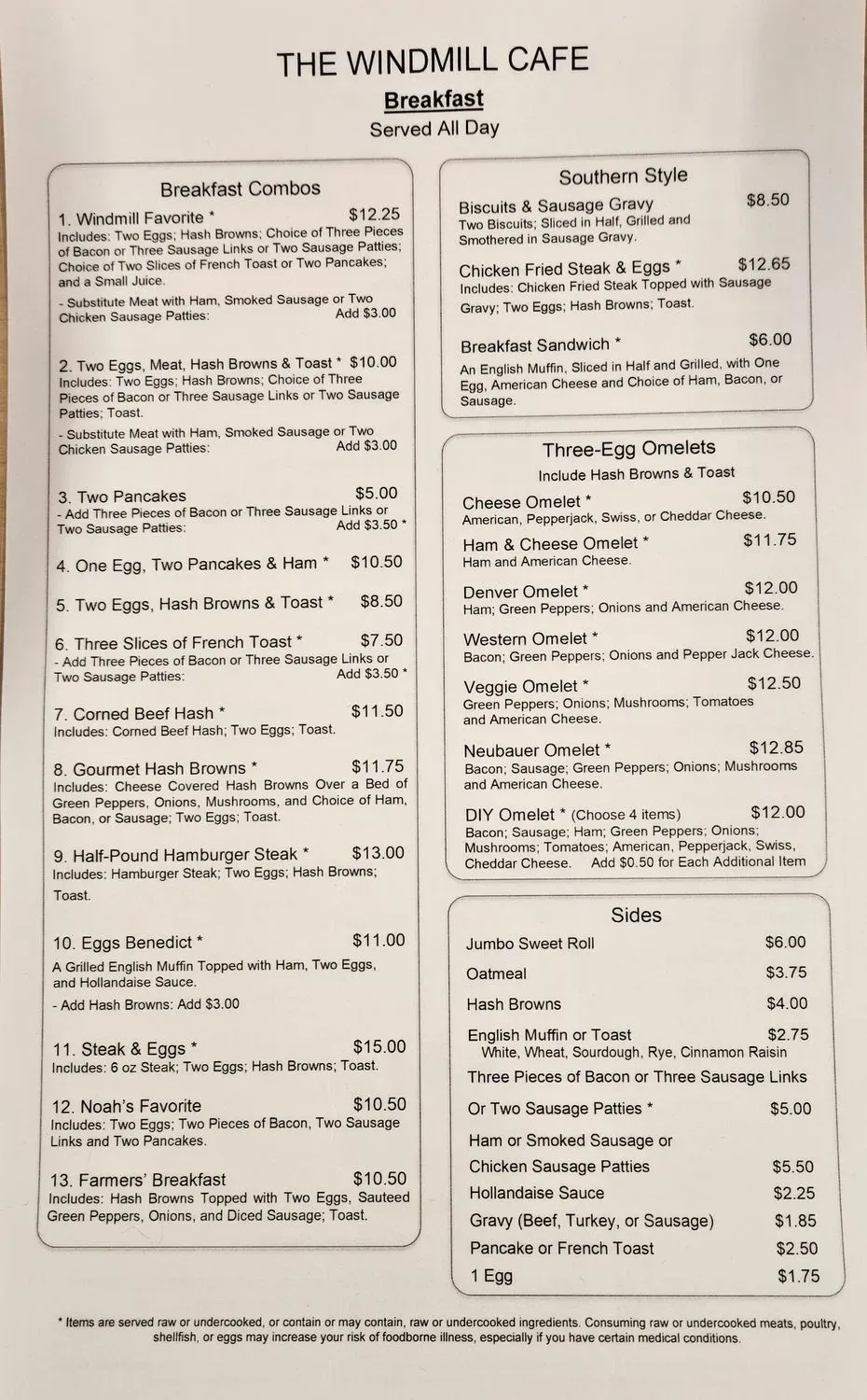 Windmill Cafe Menu - Updated October 2025