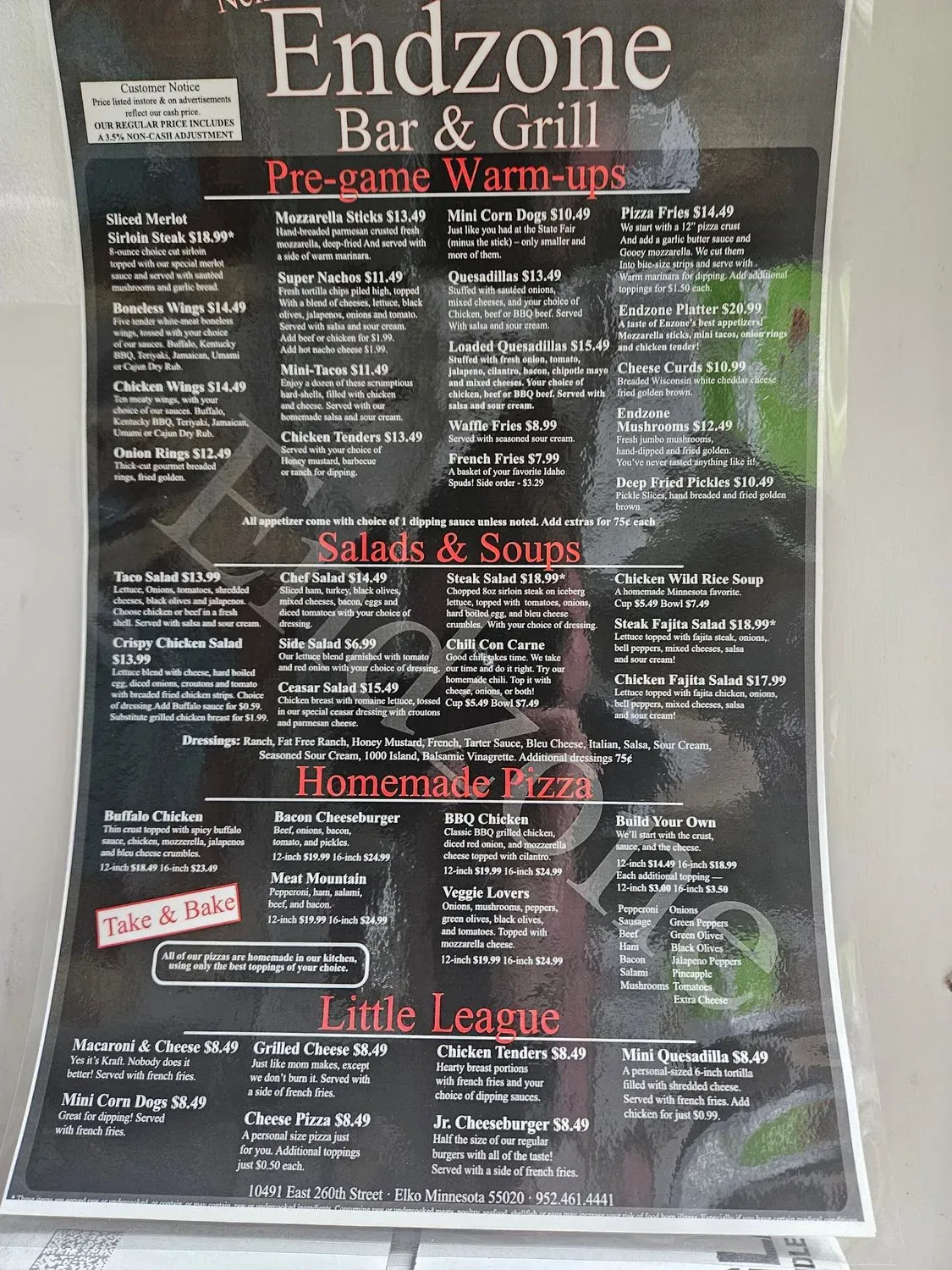 End Zone Bar & Grill Menu - Updated October 2025