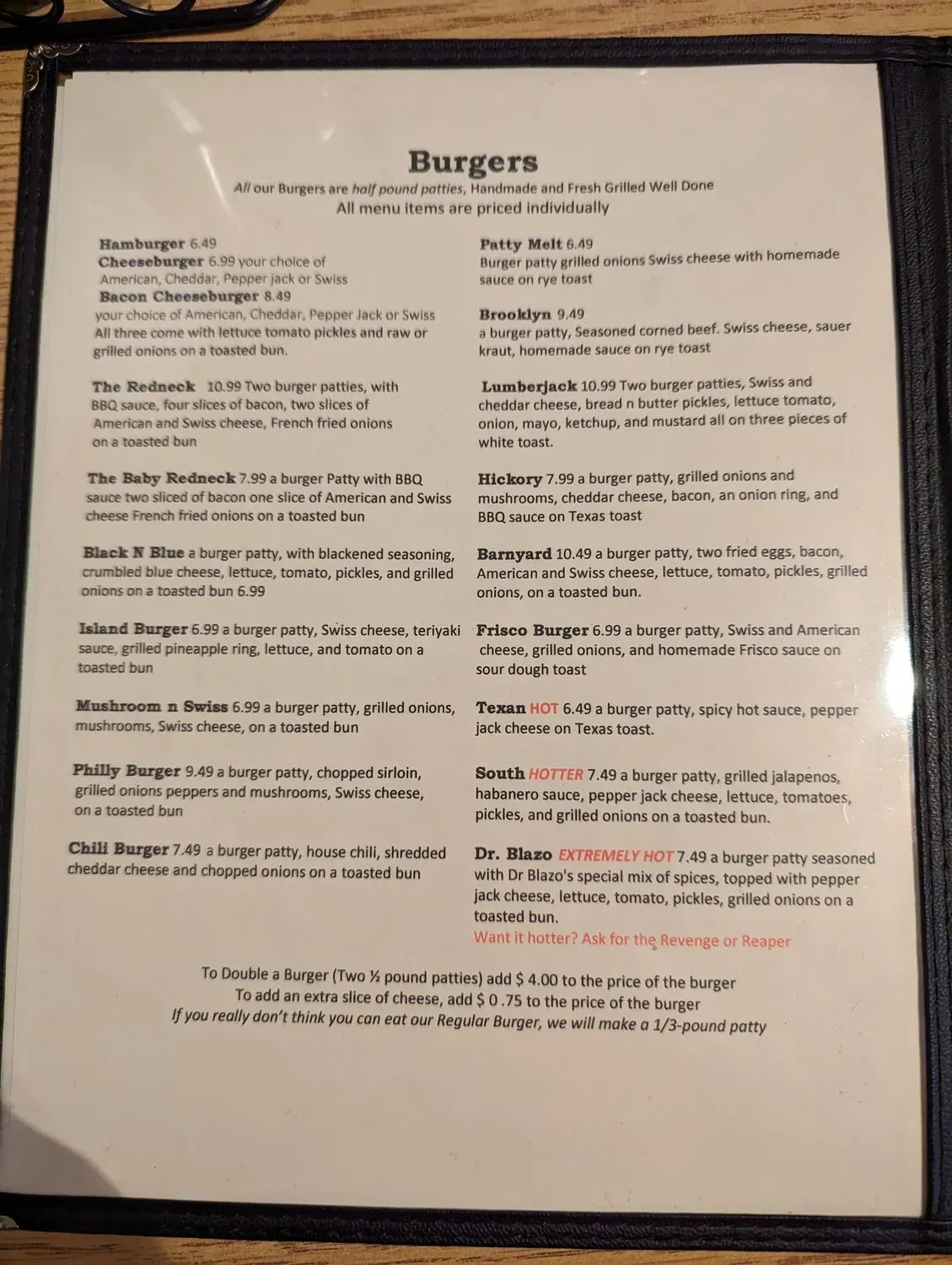 Double E Burger Menu - Updated October 2025