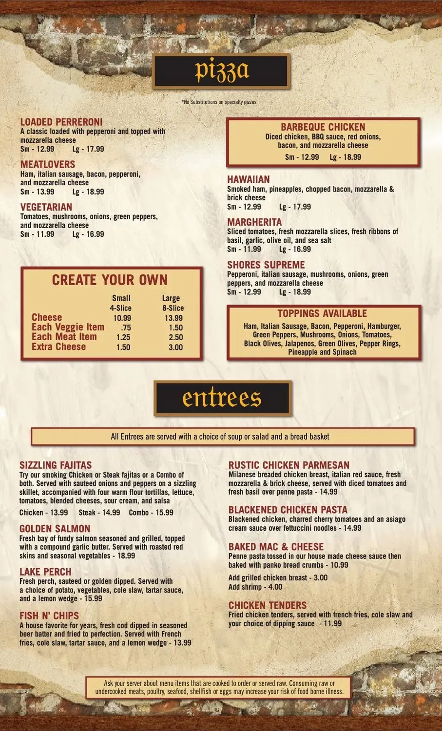 Shores Inn Food & Spirits Menu - Updated October 2025
