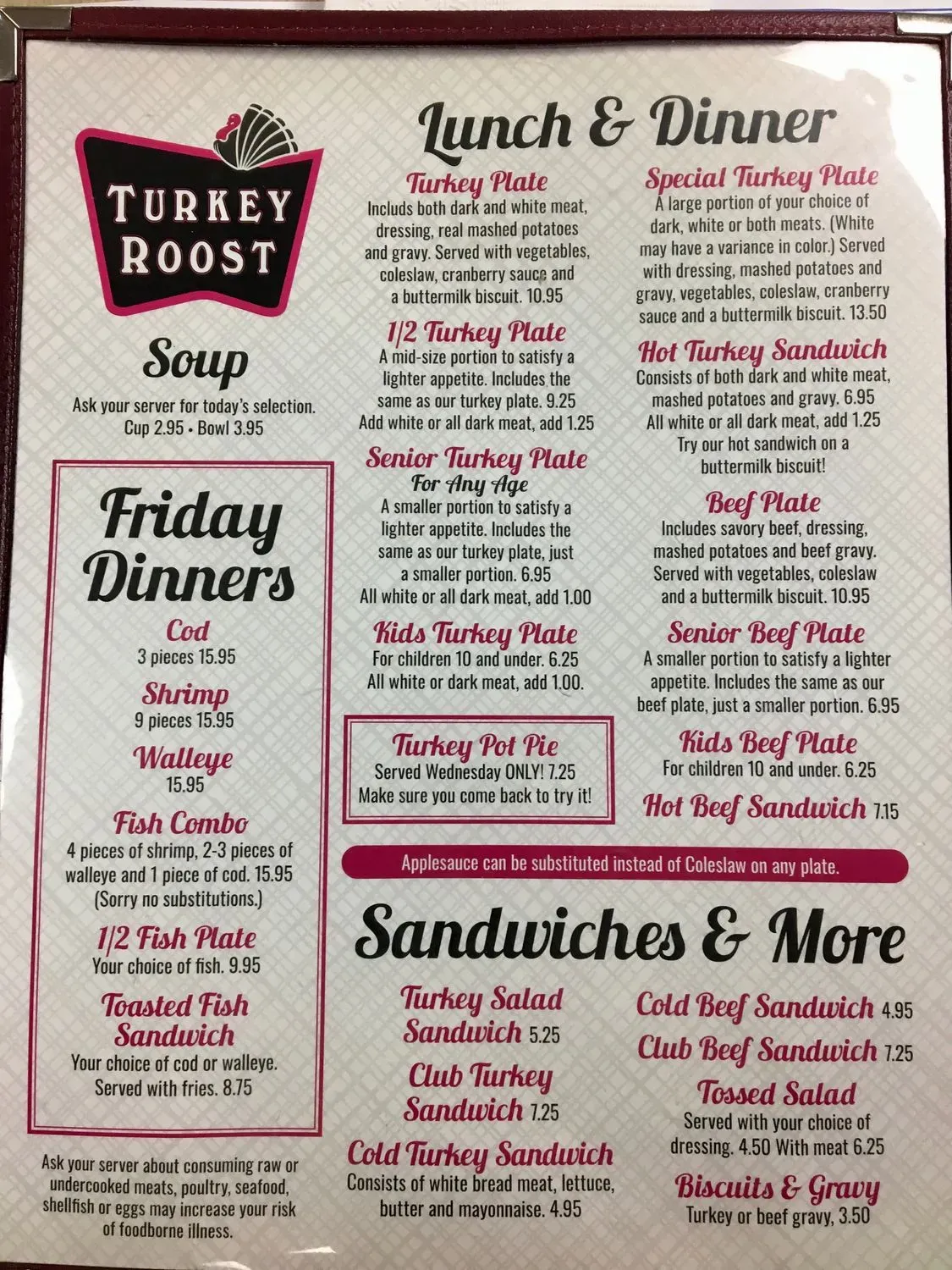Turkey Roost Menu - Updated October 2025