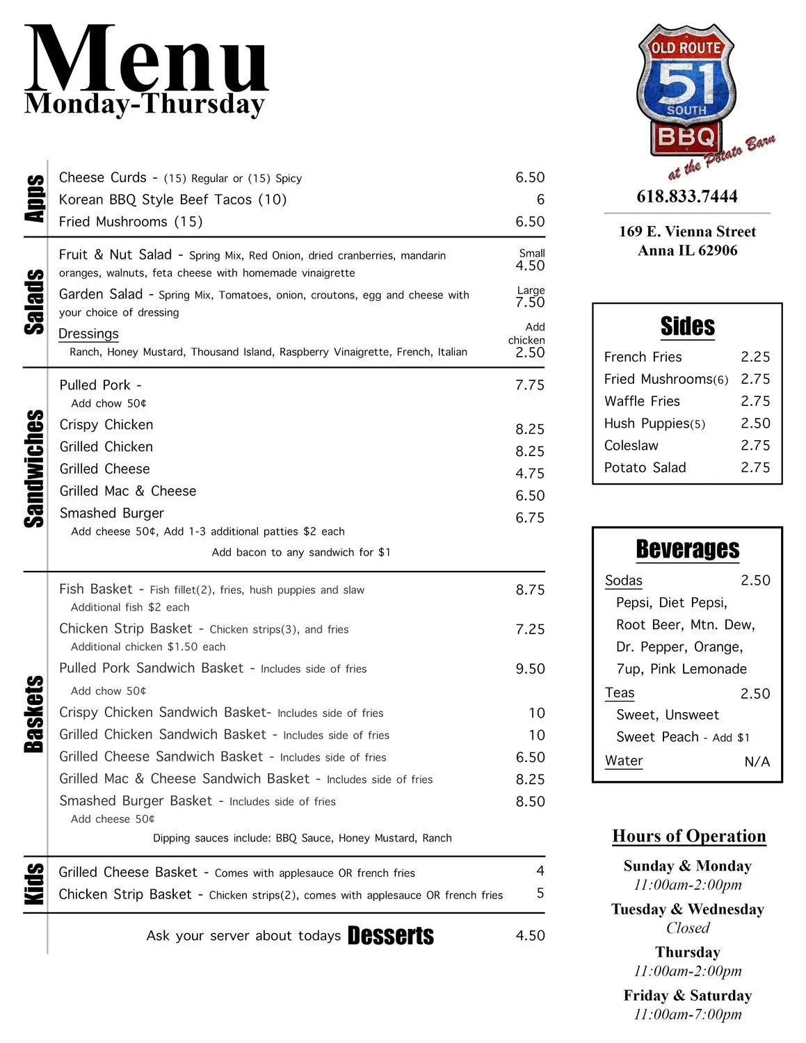 Old Route 51 South BBQ Menu - Updated October 2025