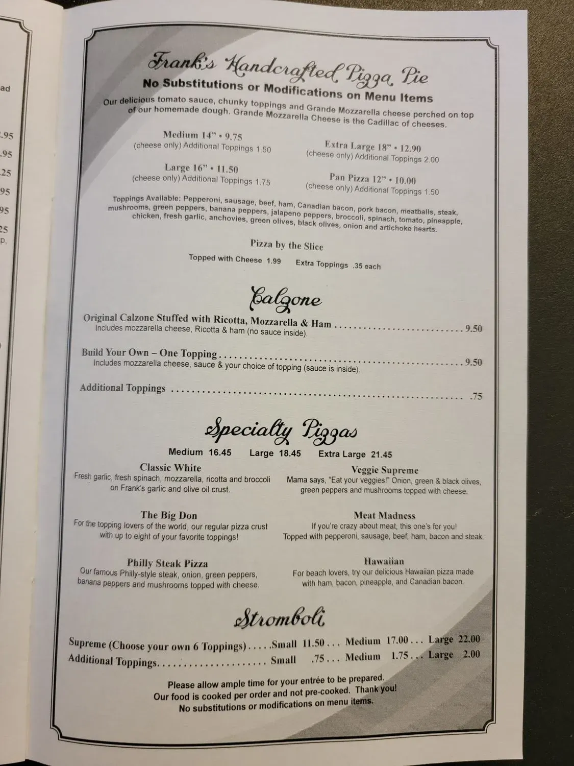 Frank's Pizza and Italian Restaurant Menu - Updated October 2025