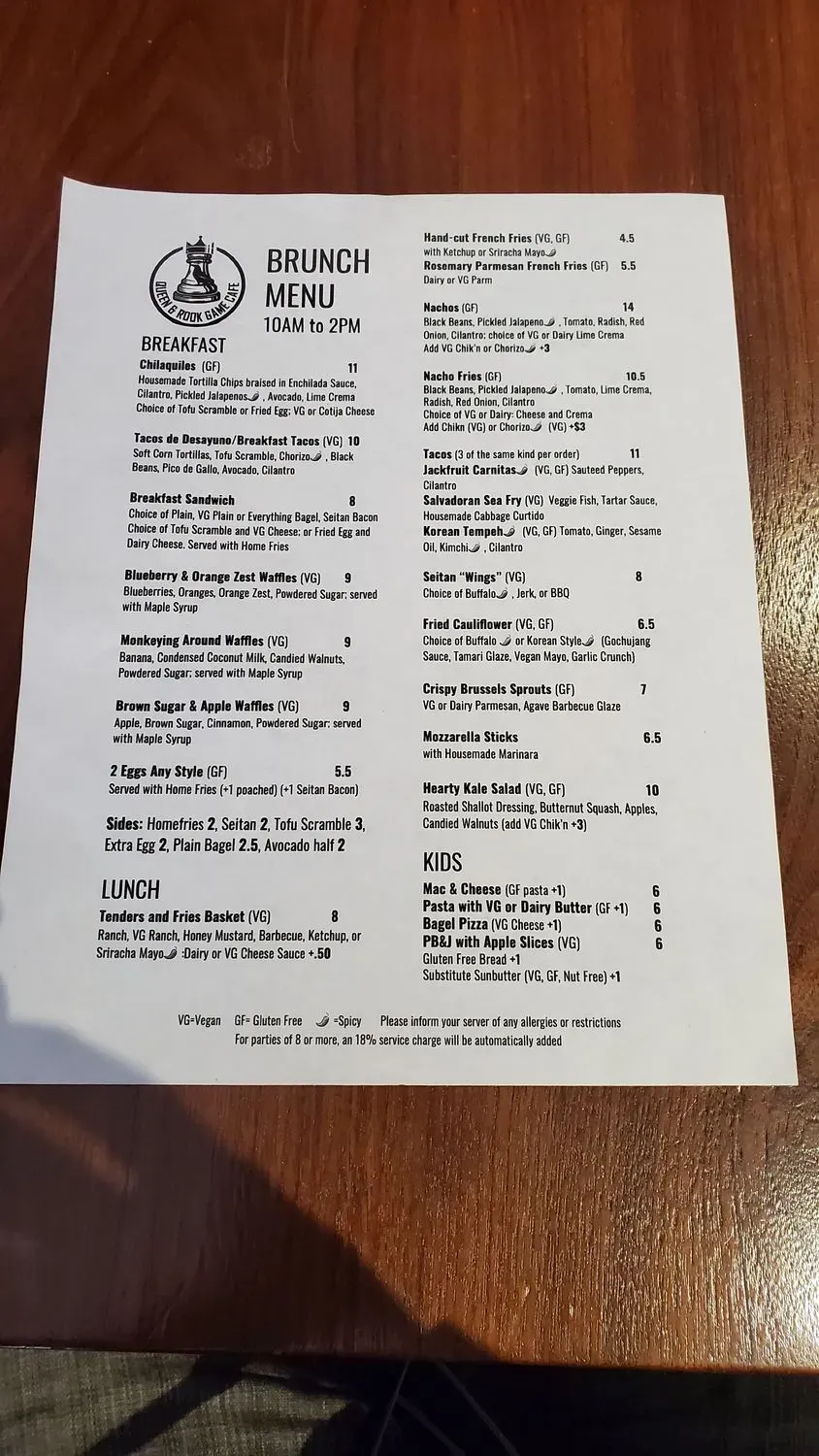 Queen & Rook Game Cafe Menu - Updated October 2025