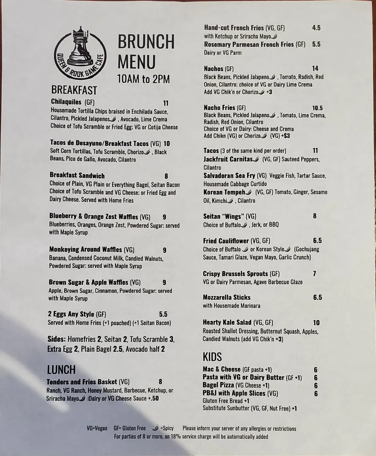 Queen & Rook Game Cafe Menu - Updated October 2025