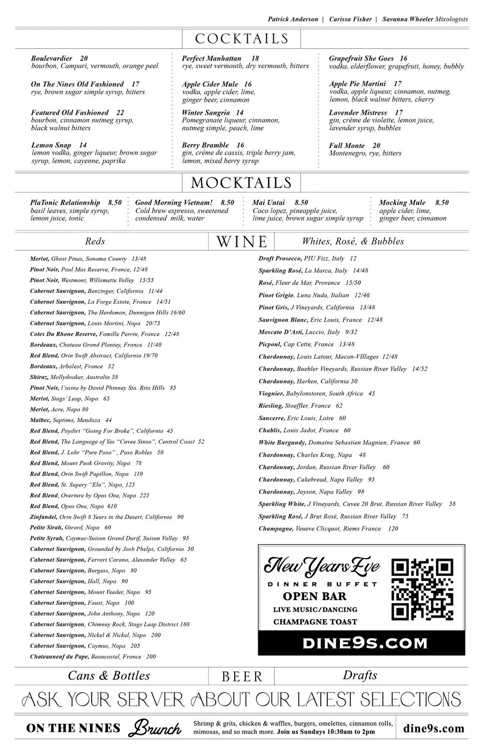 On The Nines Bistro Menu - Updated October 2025
