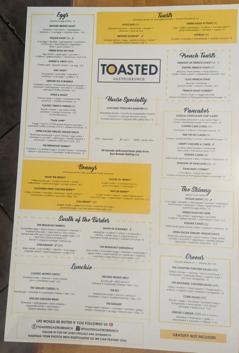 Toasted Gastrobrunch Menu - Updated October 2025