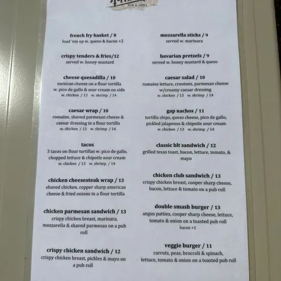 The Gap Pub & Grill Menu Wilmington, DE Checkle