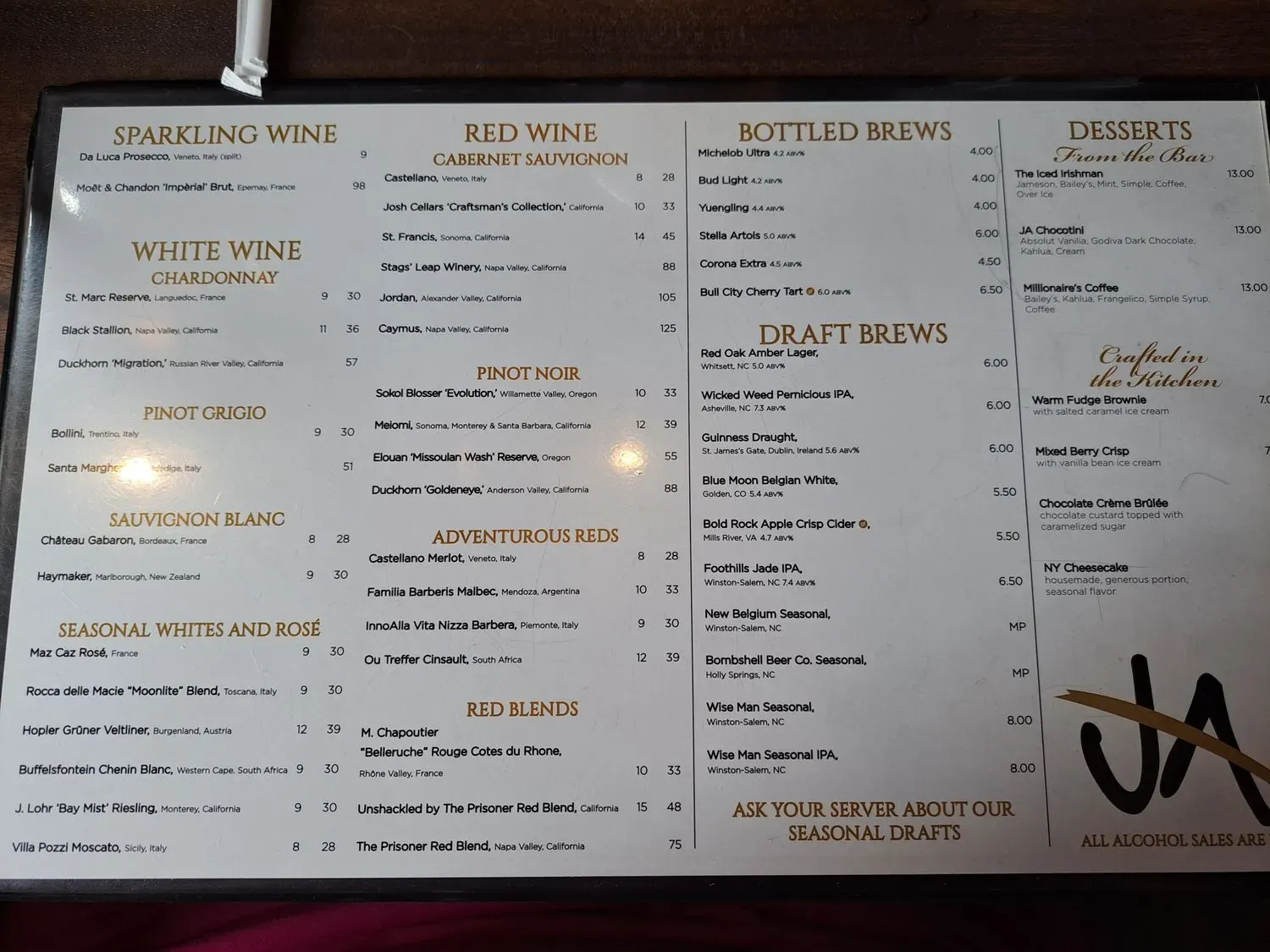 Jeffrey Adams on Fourth Menu - Updated October 2025