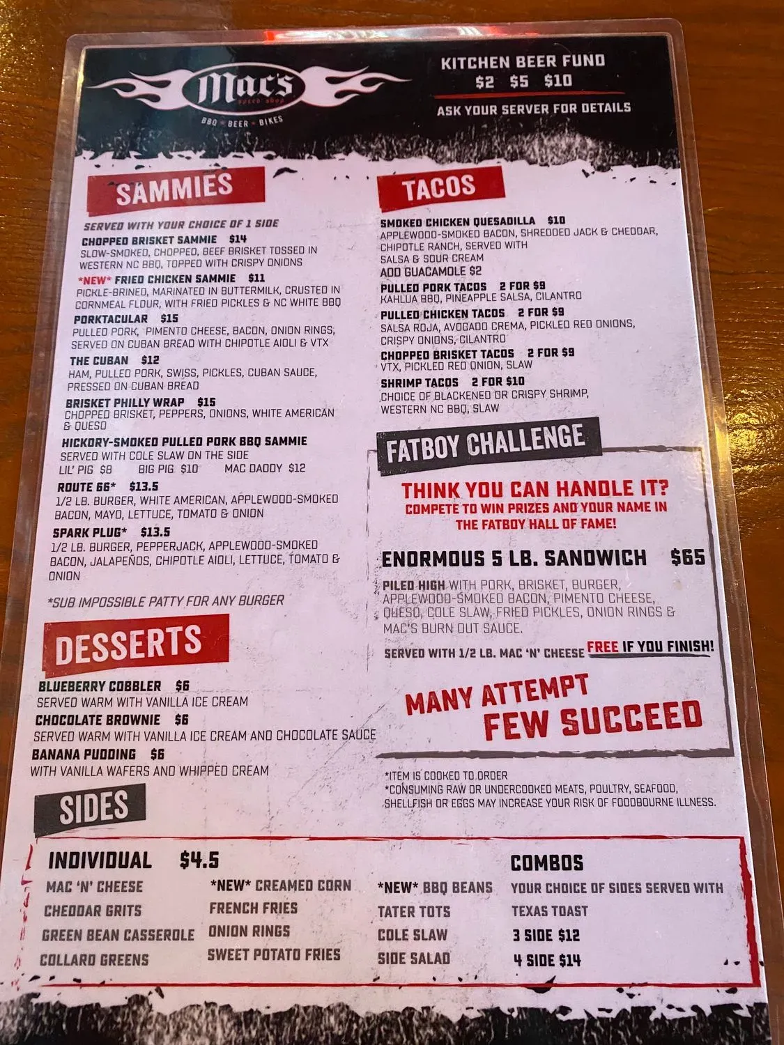 Mac's Speed Shop Menu - Updated October 2025