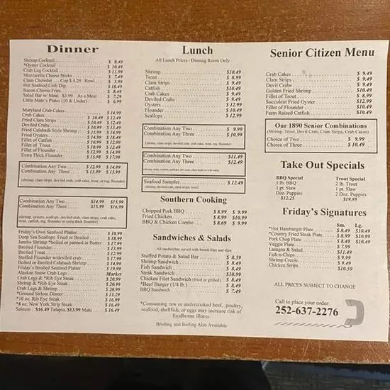Friday's 1890 Seafood & BBQ Menu New Bern, NC Checkle