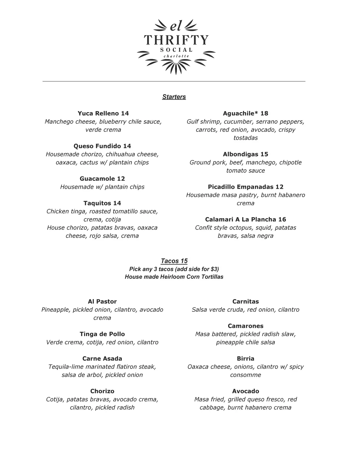 el Thrifty CLT Menu - Updated October 2025