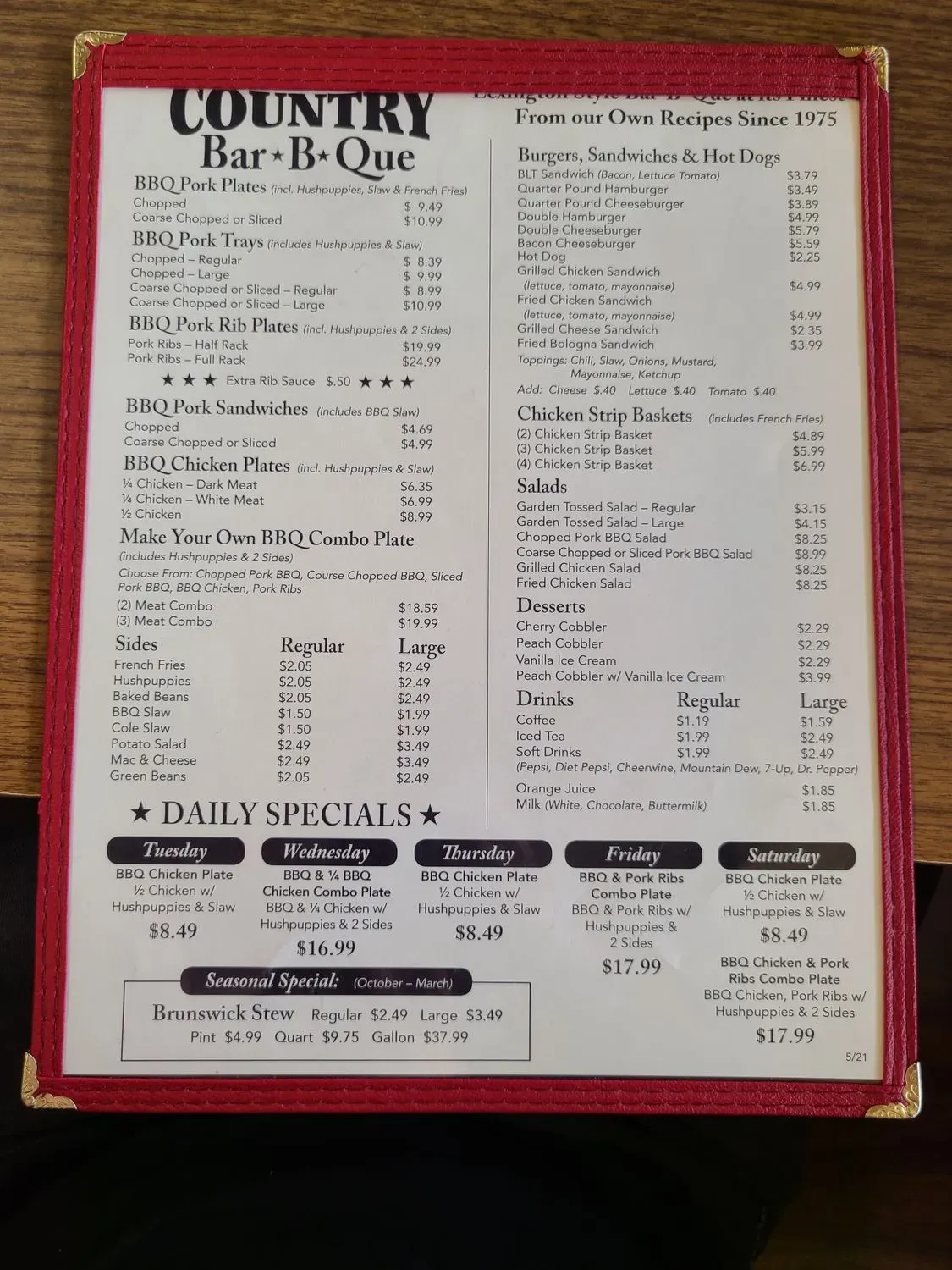 Country Barbecue Menu - Updated October 2025