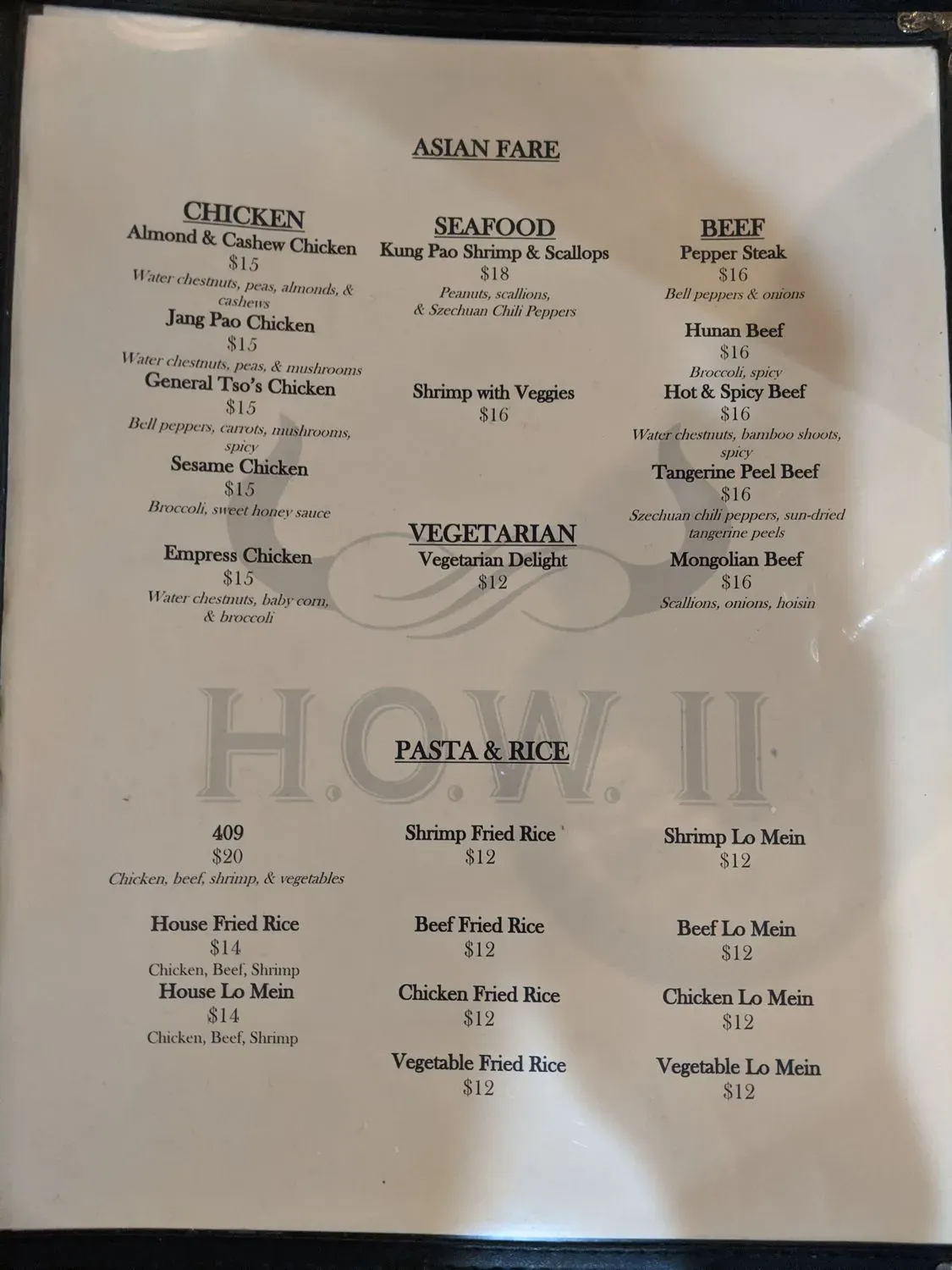 H.O.W. II Menu - Updated October 2025