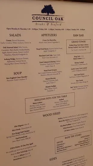 Council Oak Steaks & Seafood Menu | Atlantic City, NJ | Checkle