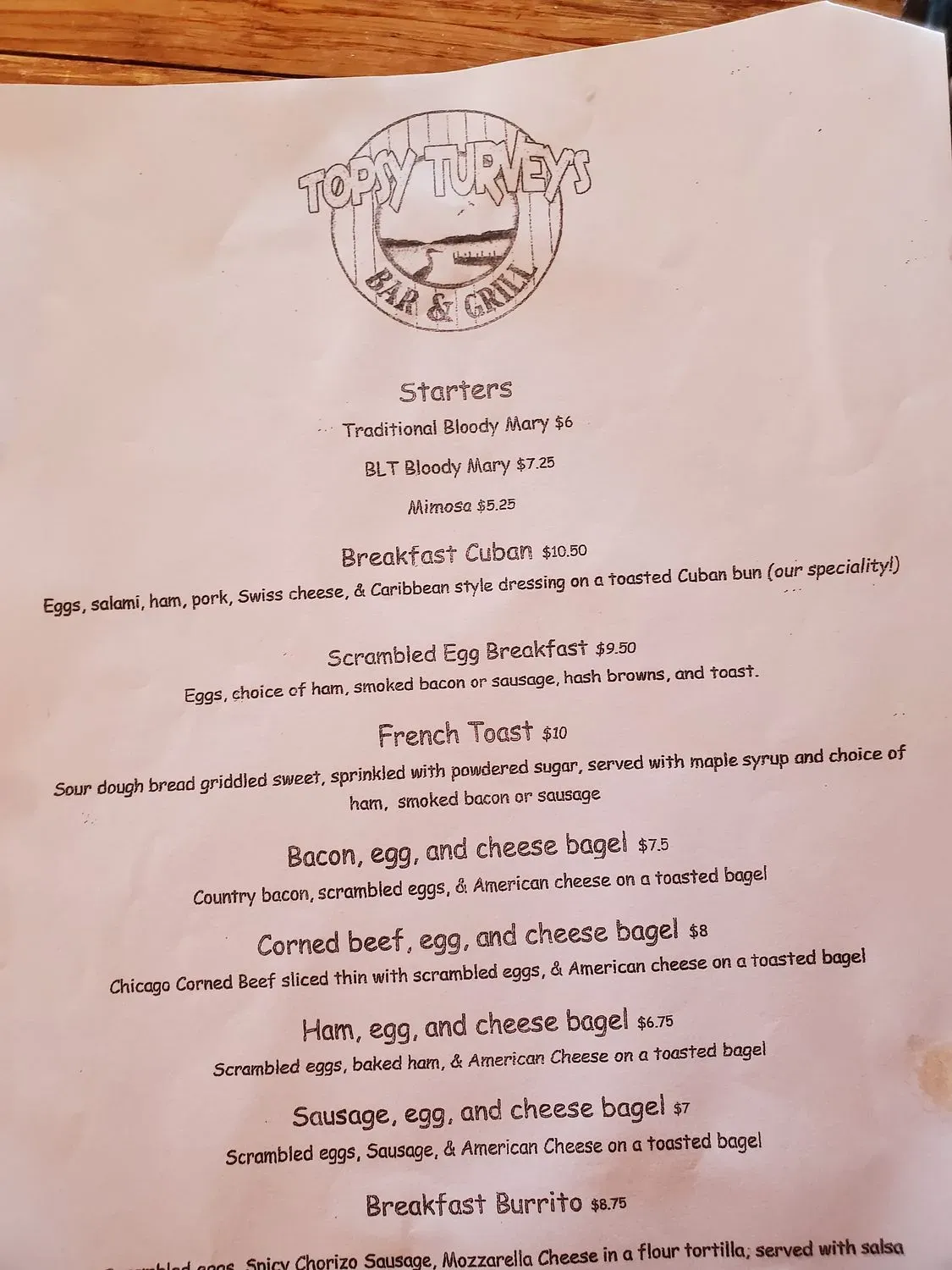 Topsy Turvey's Bar & Grill Menu - Updated October 2025