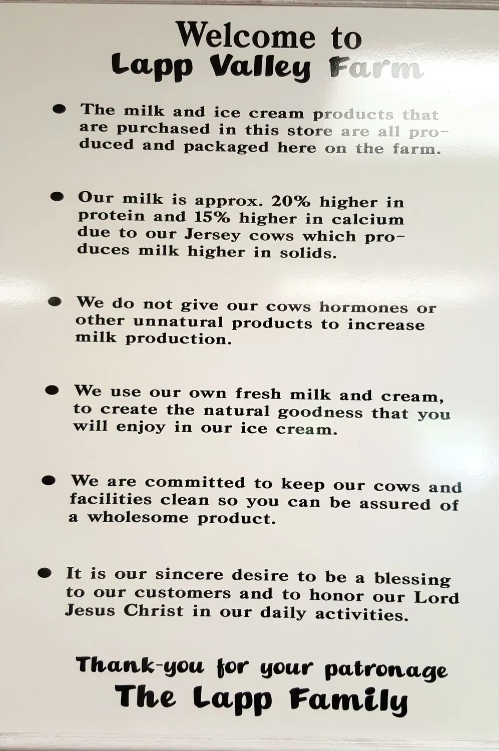 Lapp Valley Farm Menu - Updated October 2025