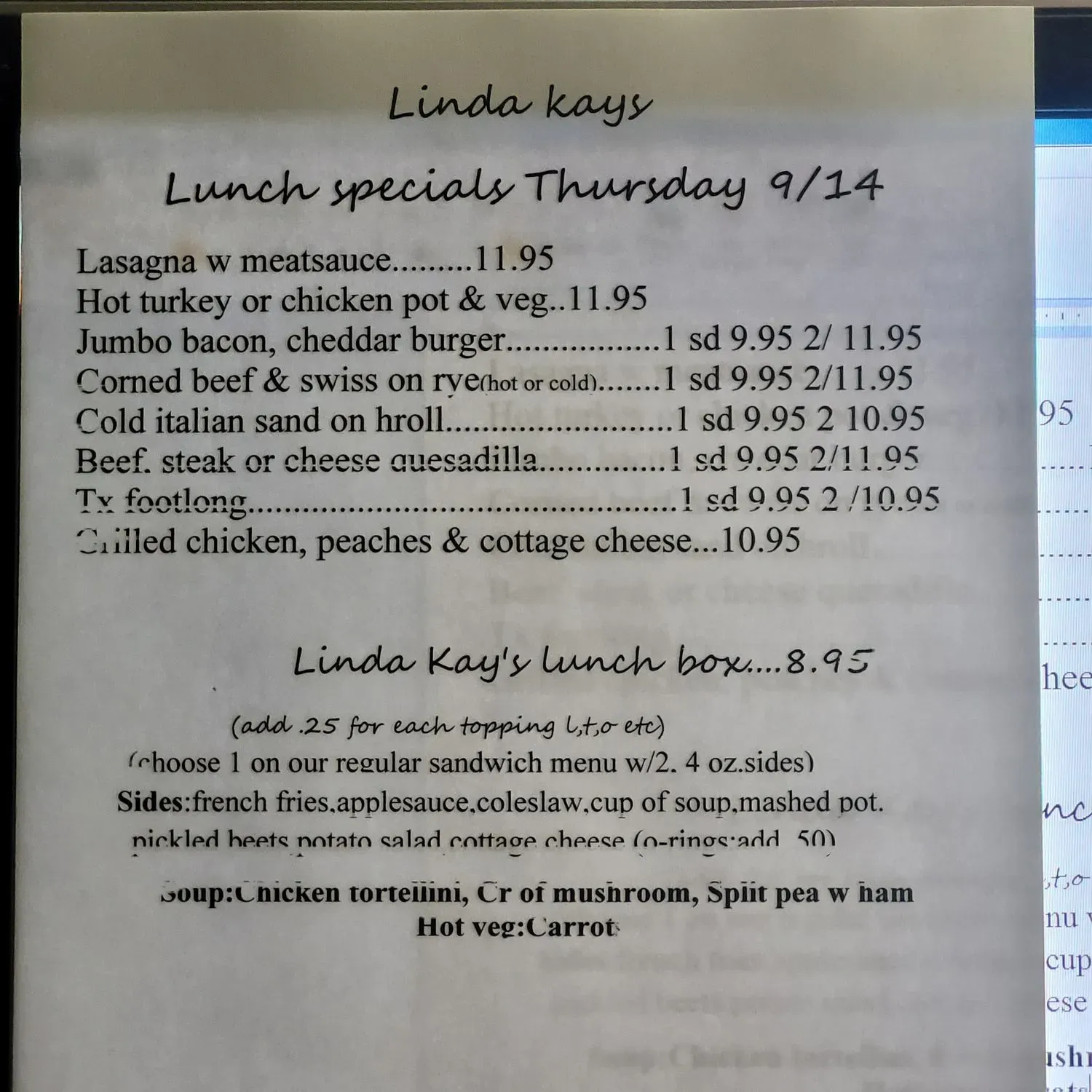 Linda Kay's Ole Green Ridge Diner Menu - Updated October 2025