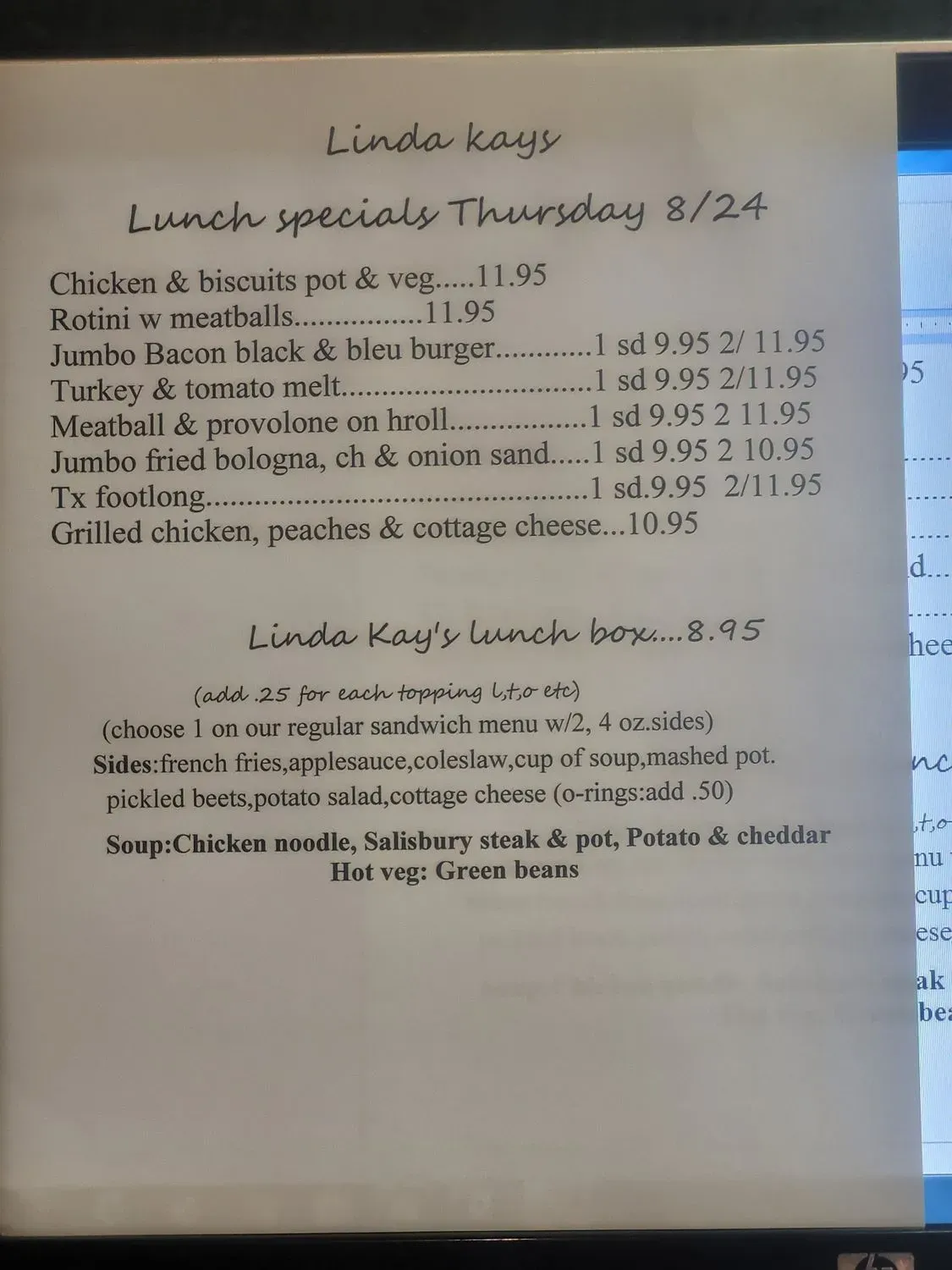 Linda Kay's Ole Green Ridge Diner Menu - Updated October 2025