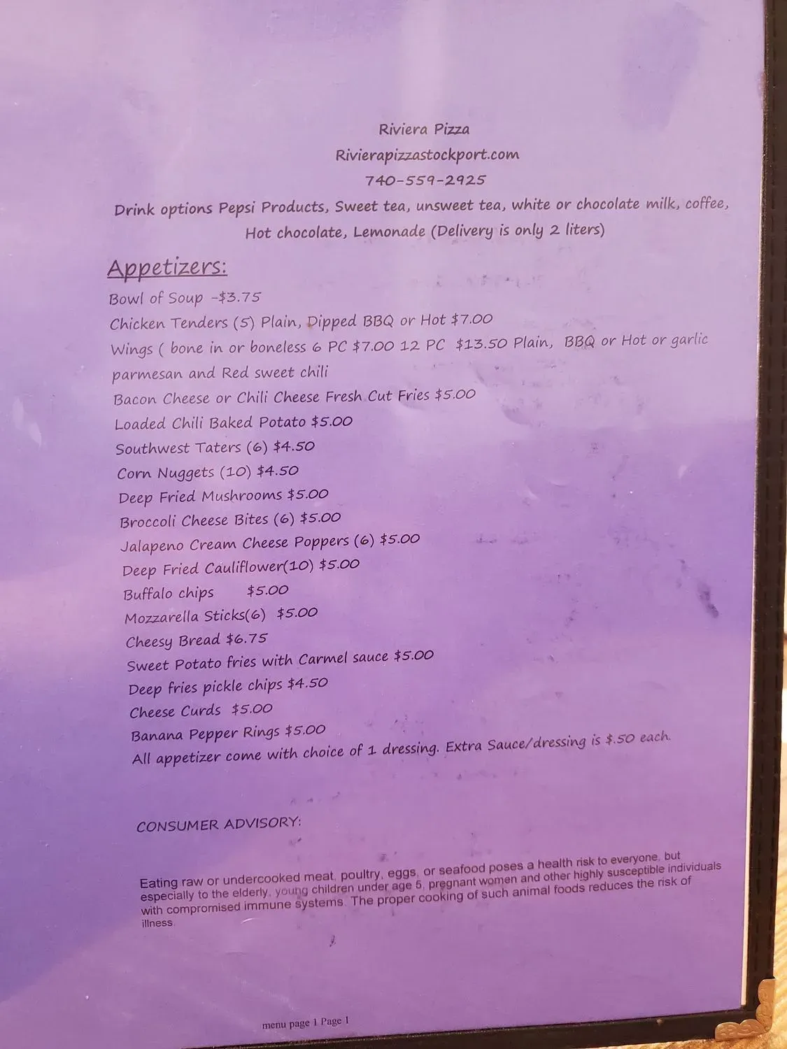 Riviera Pizza Menu - Updated October 2025
