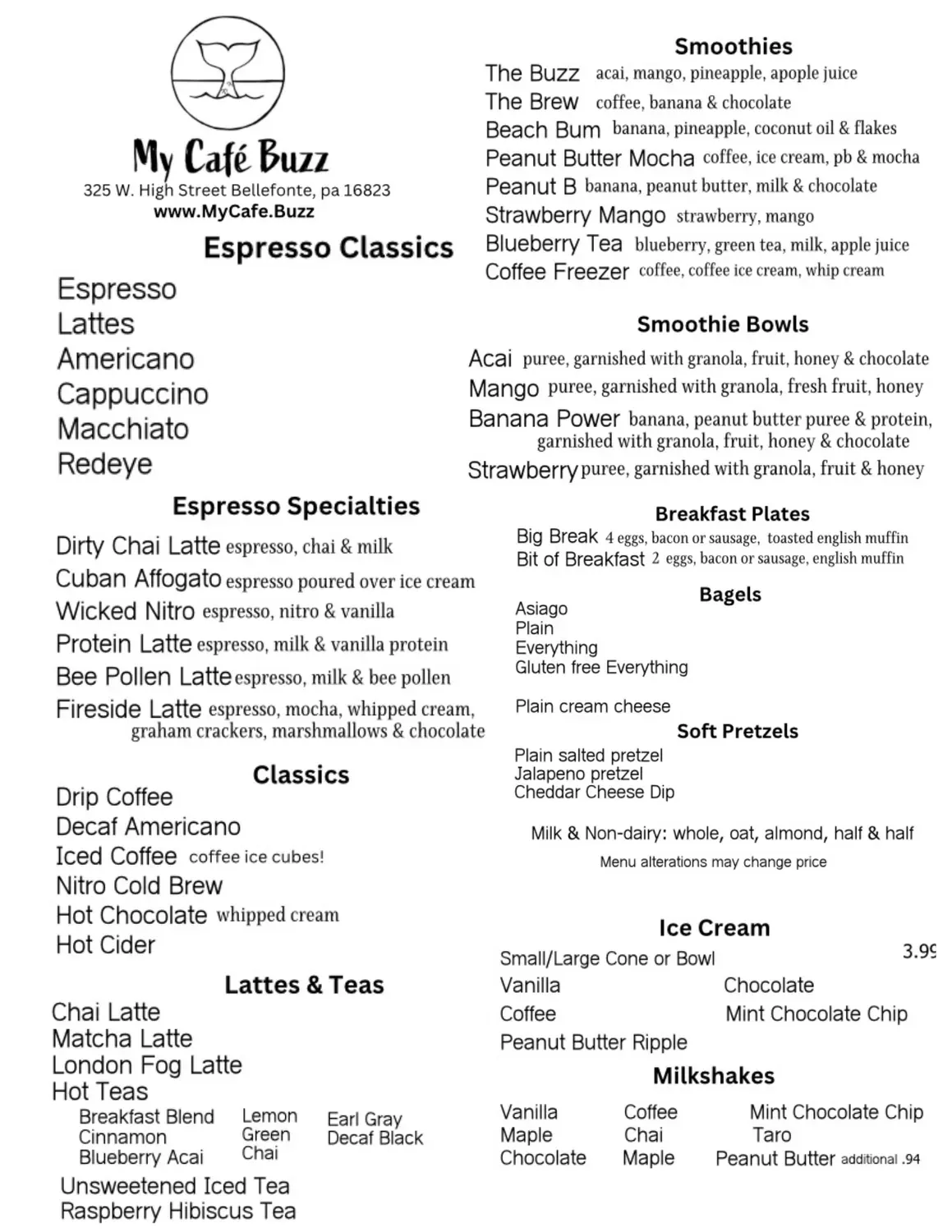 My Cafe Buzz Menu - Updated October 2025