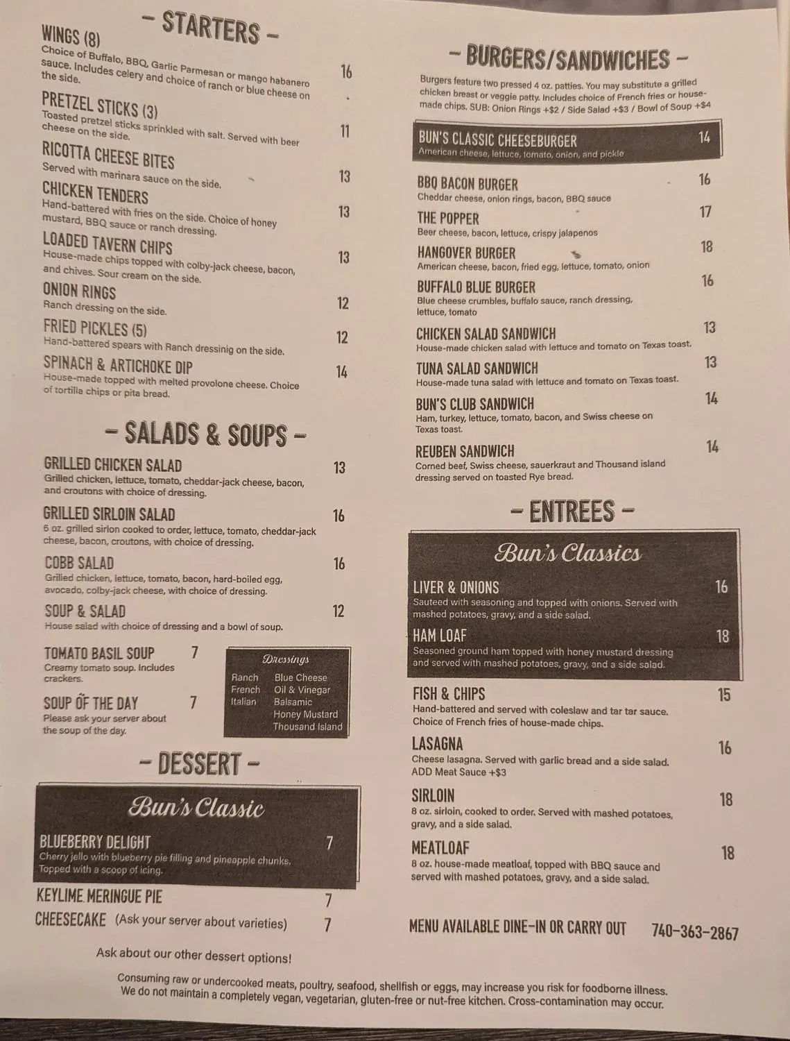 Bun's Restaurant and Bar Menu - Updated October 2025