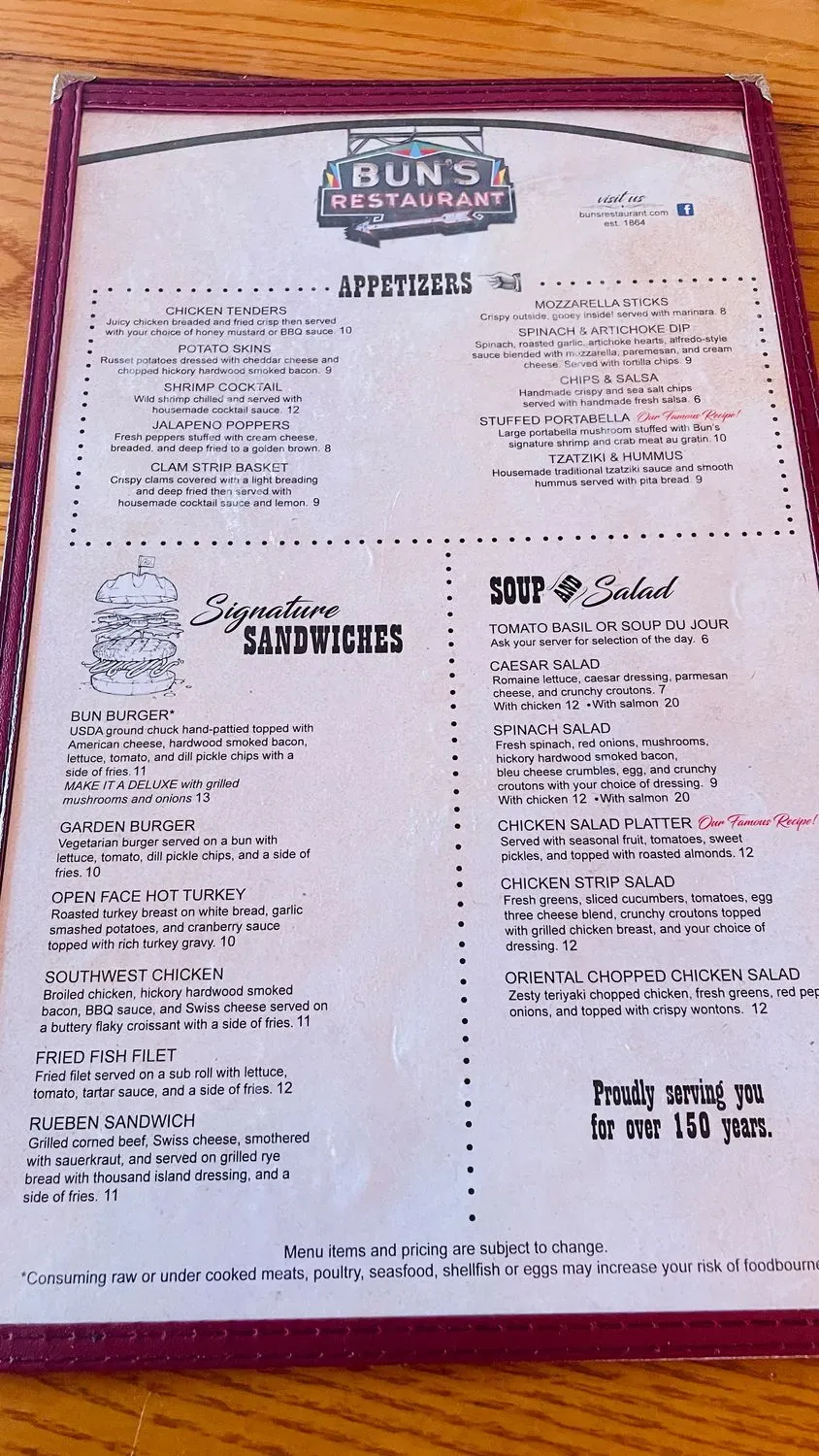 Bun's Restaurant and Bar Menu - Updated October 2025