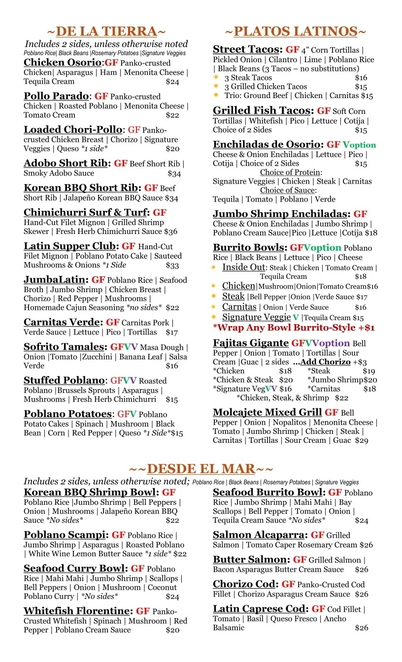 Osorio's Latin Fusion Menu - Updated October 2025