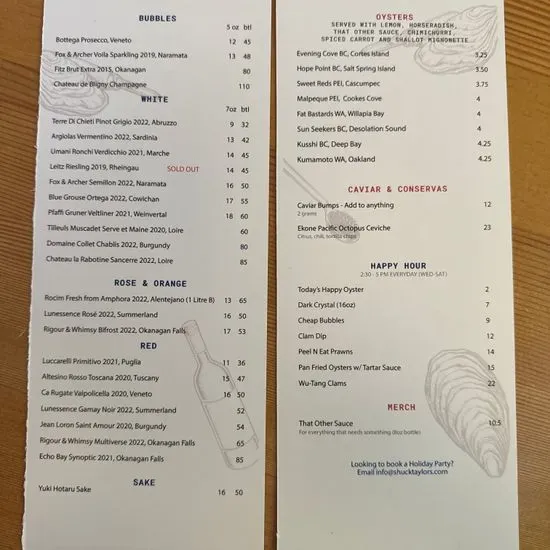 Shuck Taylor's Menu | Victoria, BC | Checkle