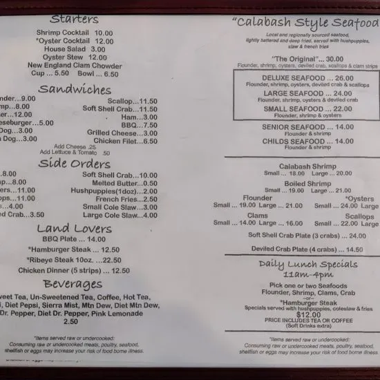 Calabash Seafood Hut Menu | Calabash, NC | Checkle