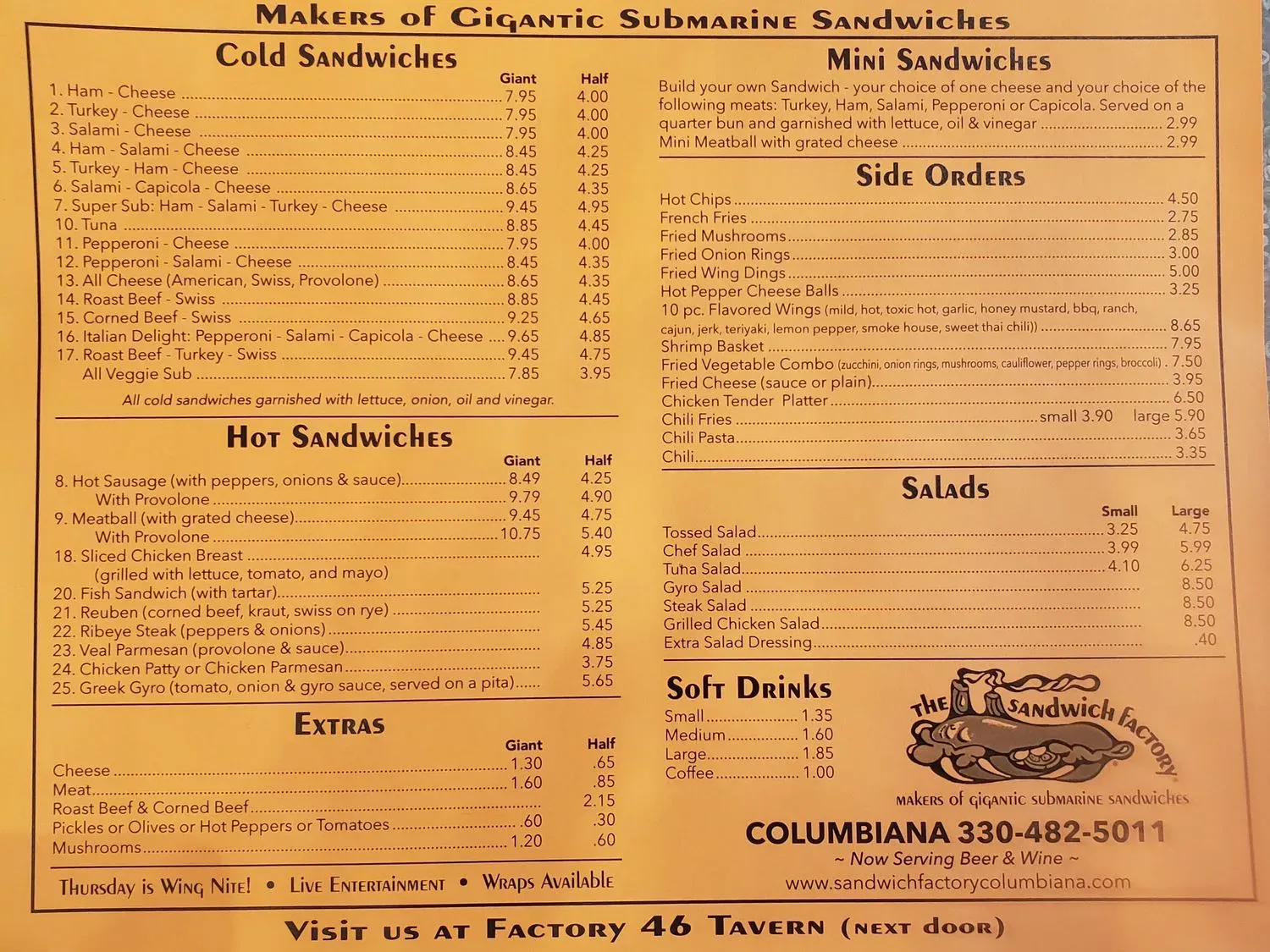Sandwich Factory Menu - Updated October 2025