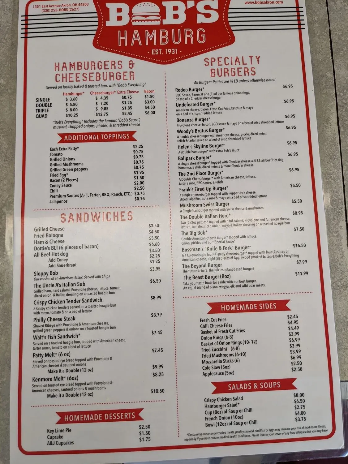 Bob's Hamburg Menu - Updated October 2025