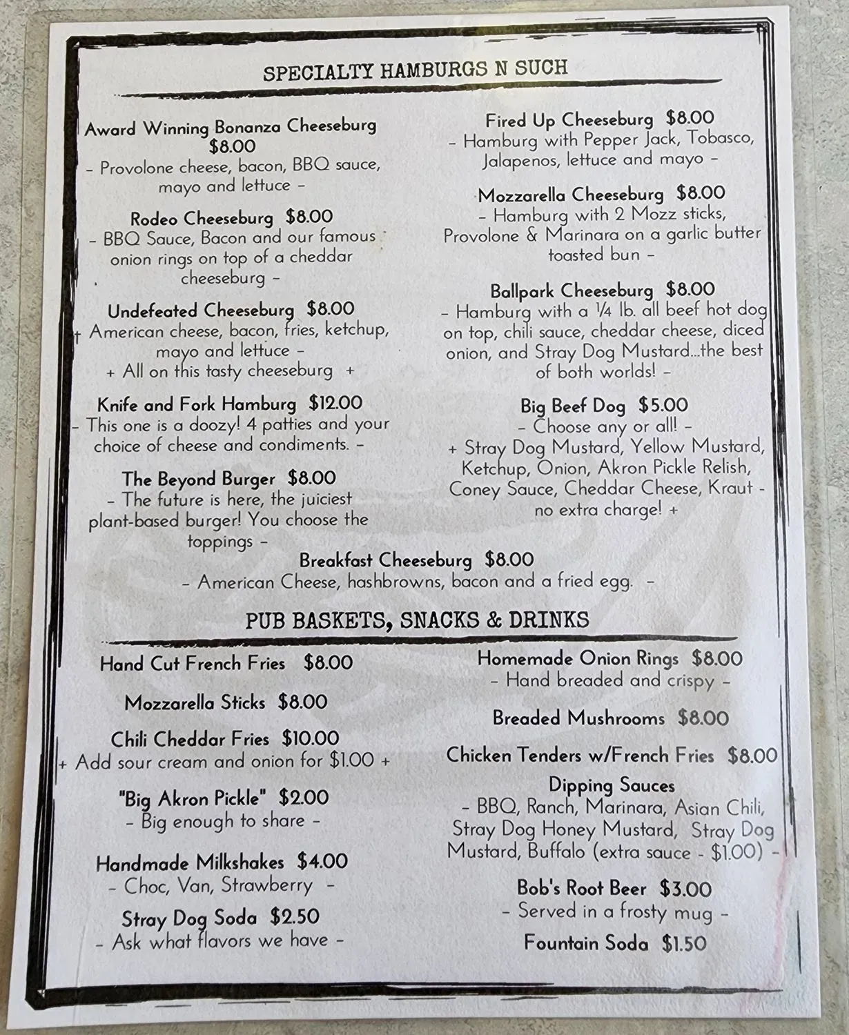 Bob's Hamburg Menu - Updated October 2025