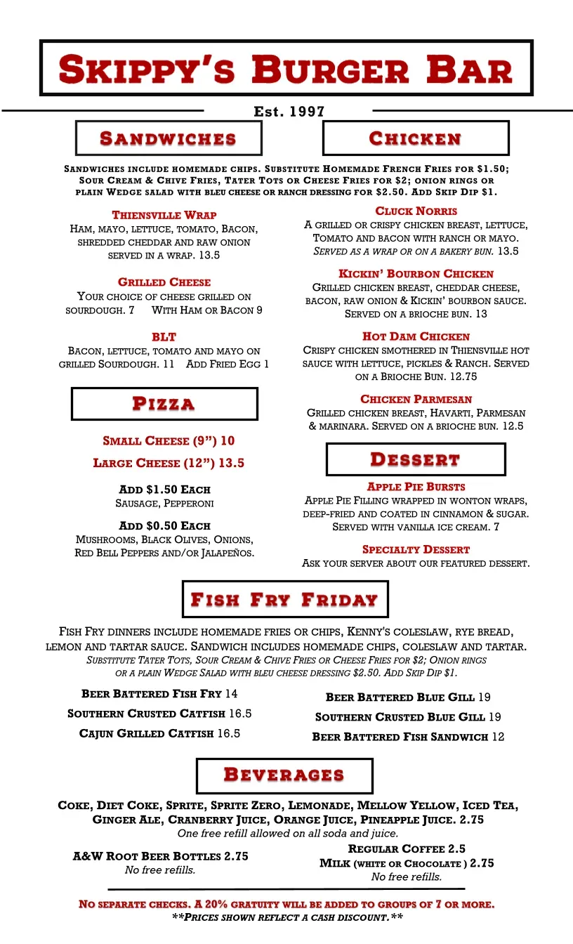 Skippy's Burger Bar Menu - Updated October 2025