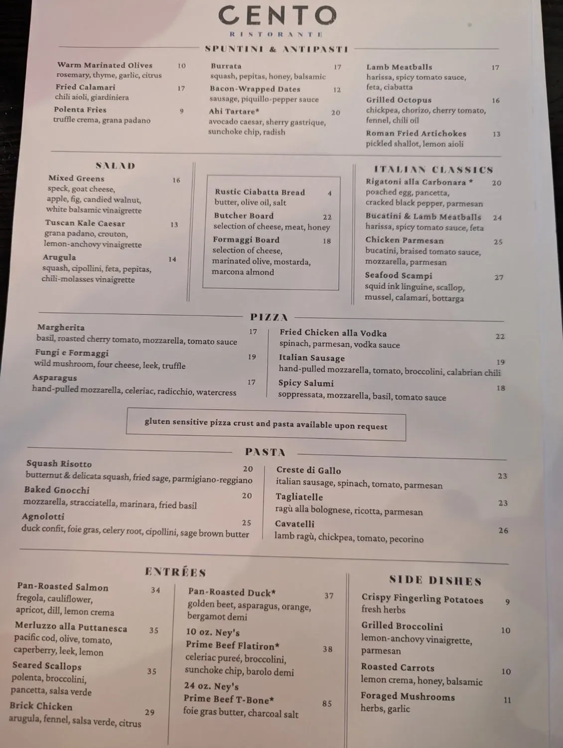 Cento Menu - Updated October 2025