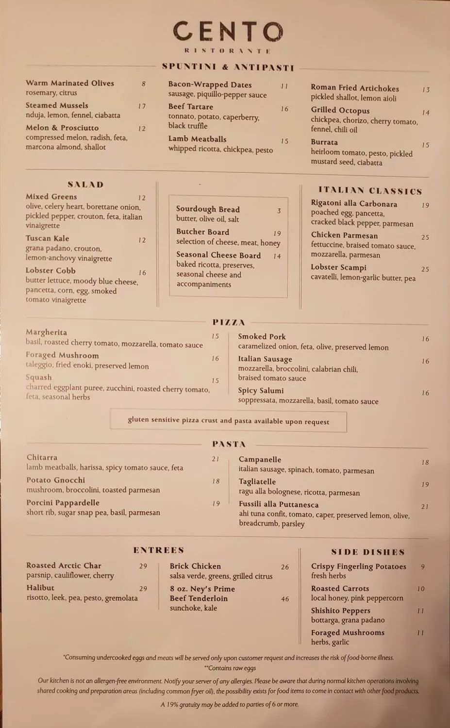 Cento Menu - Updated October 2025