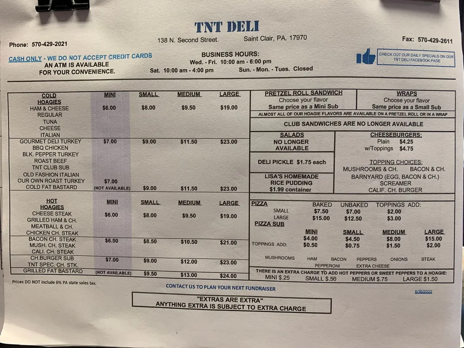 TNT Deli Menu - Updated October 2025