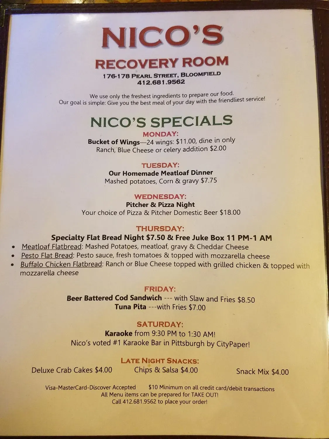 Nico's Recovery Room Menu - Updated August 2025
