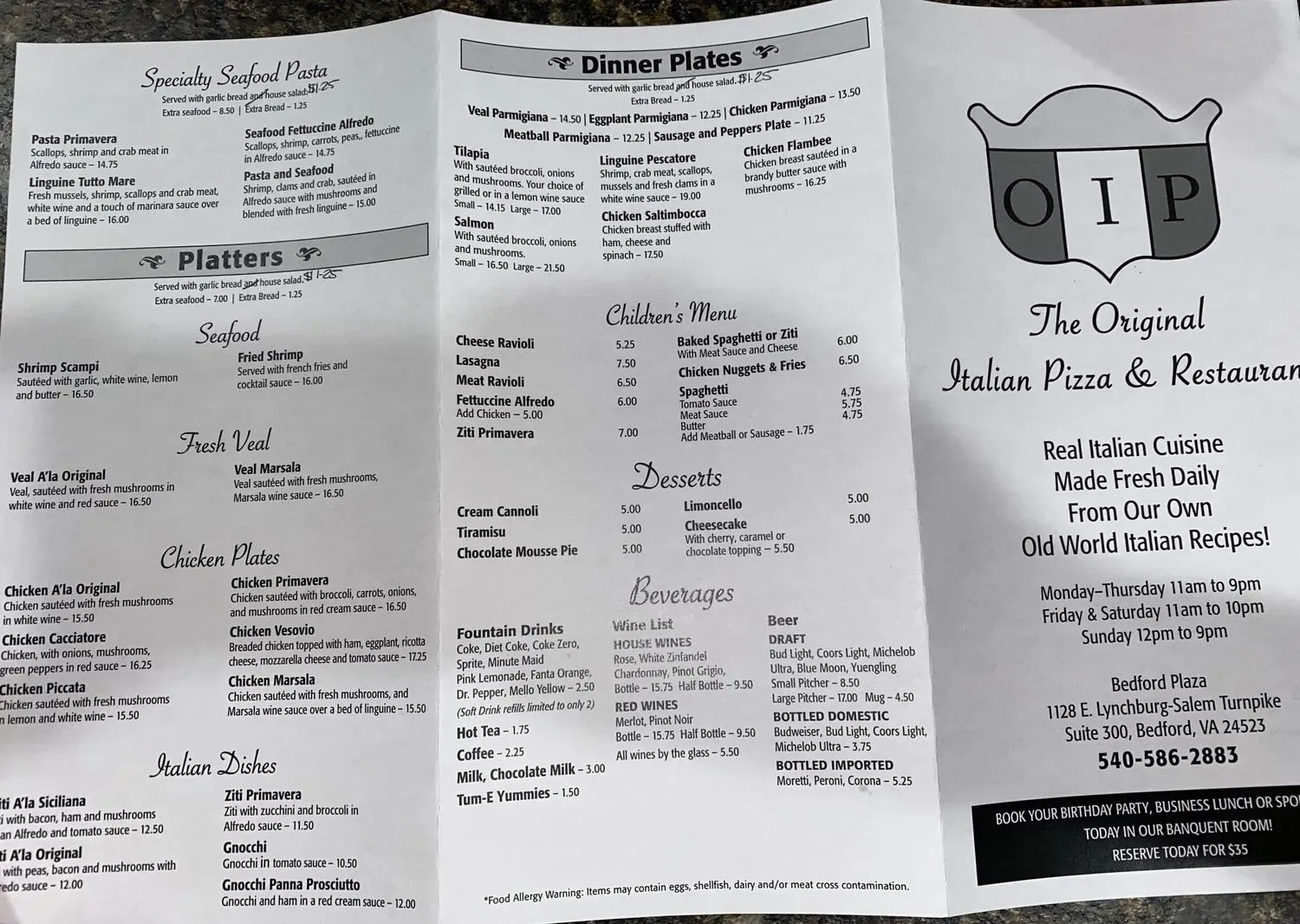 Original Italian Pizza Menu - Updated October 2025