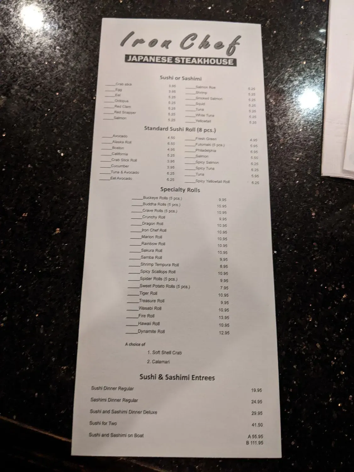 Iron Chef Steakhouse Restaurant Menu - Updated October 2025