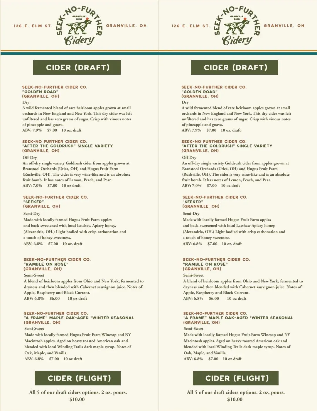 Seek-No-Further Cidery Menu - Updated October 2025