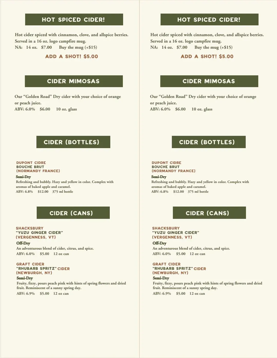 Seek-No-Further Cidery Menu - Updated October 2025