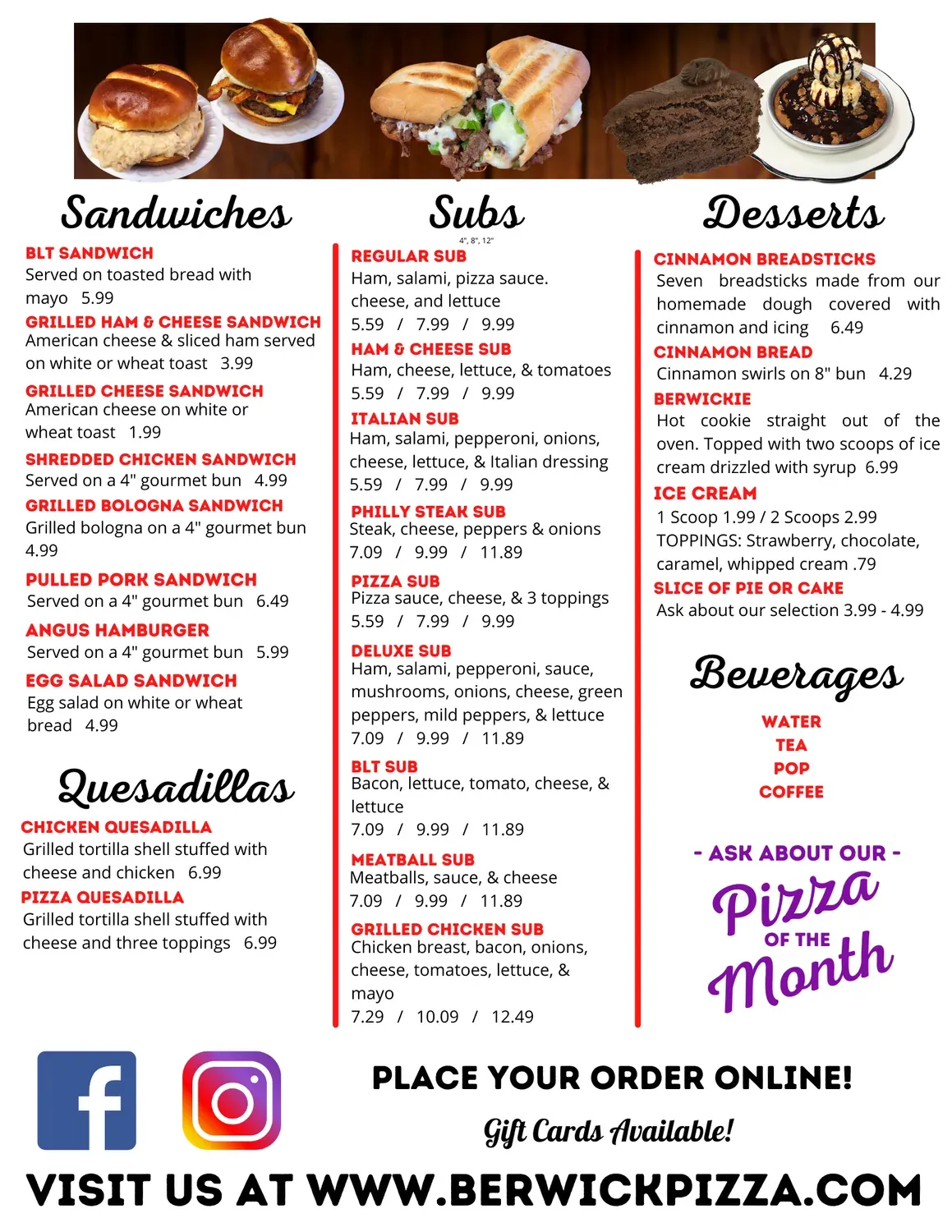 Berwick Pizza Menu - Updated October 2025