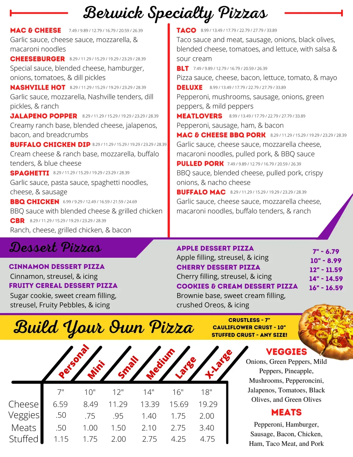 Berwick Pizza Menu - Updated October 2025
