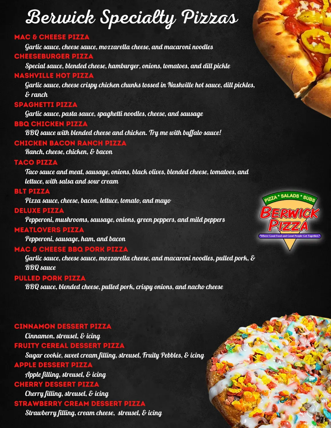 Berwick Pizza Menu - Updated October 2025