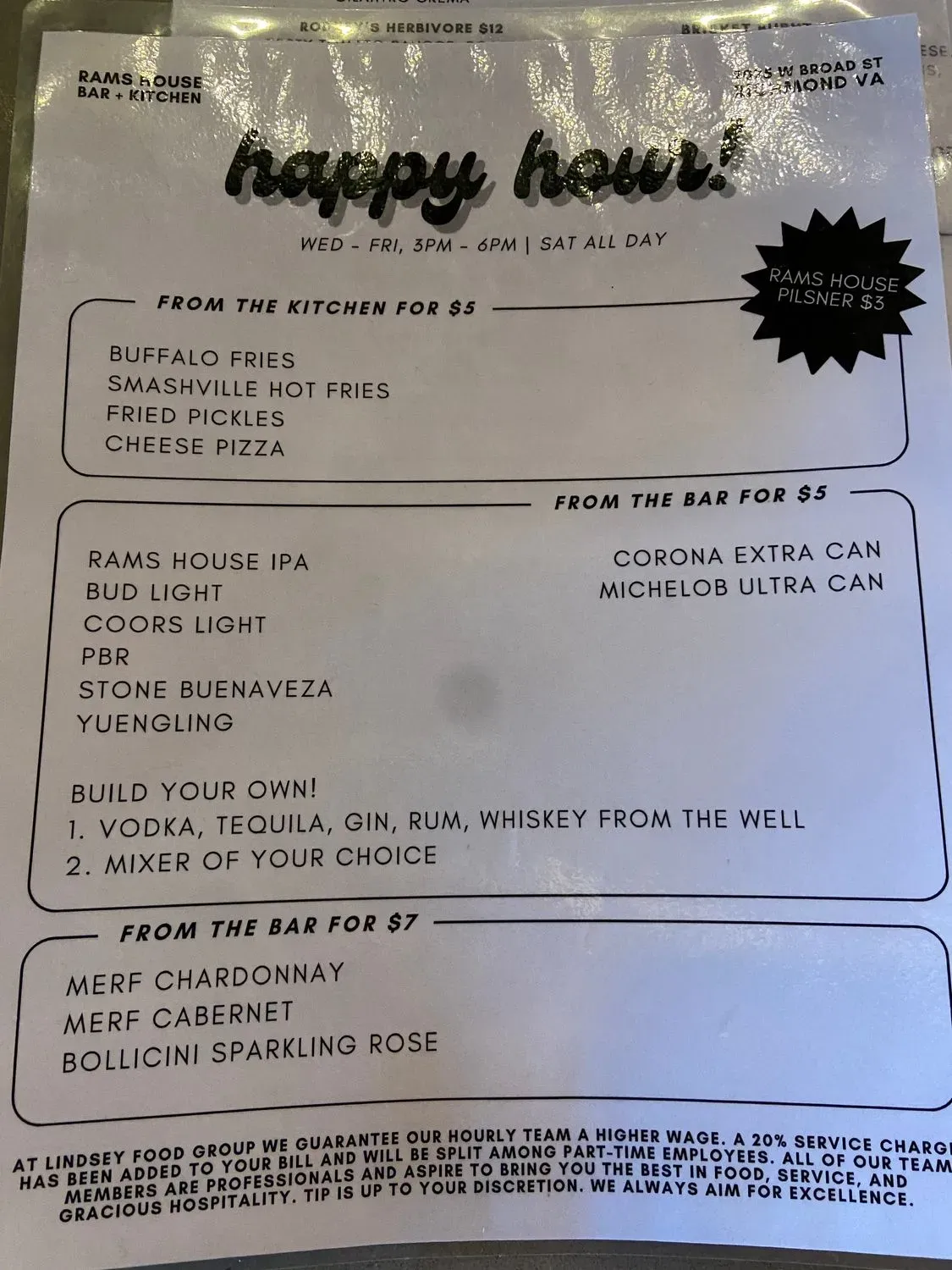 Rams House Menu - Updated October 2025