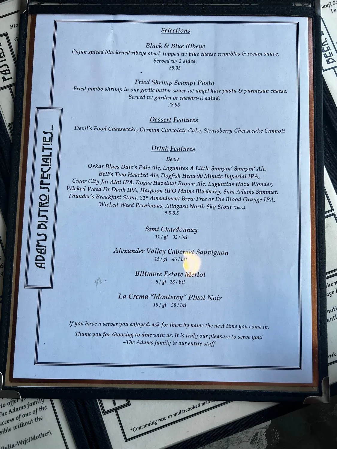 Adams Bistro Menu - Updated October 2025