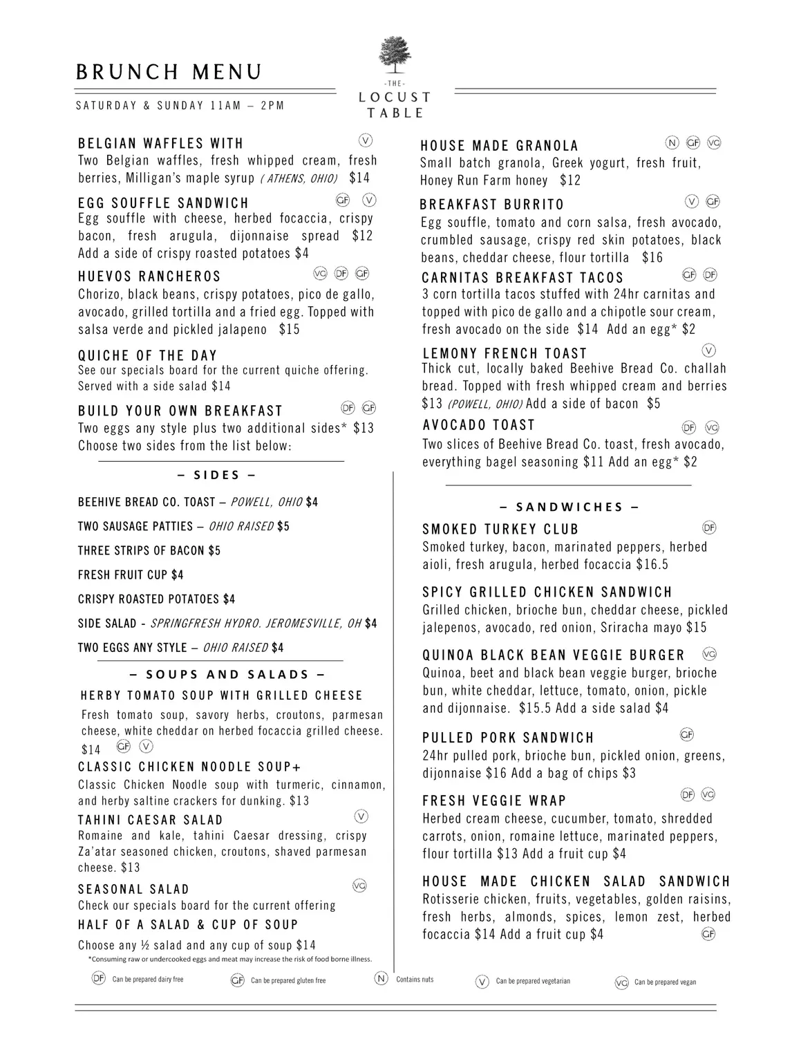 The Locust Table Menu - Updated October 2025